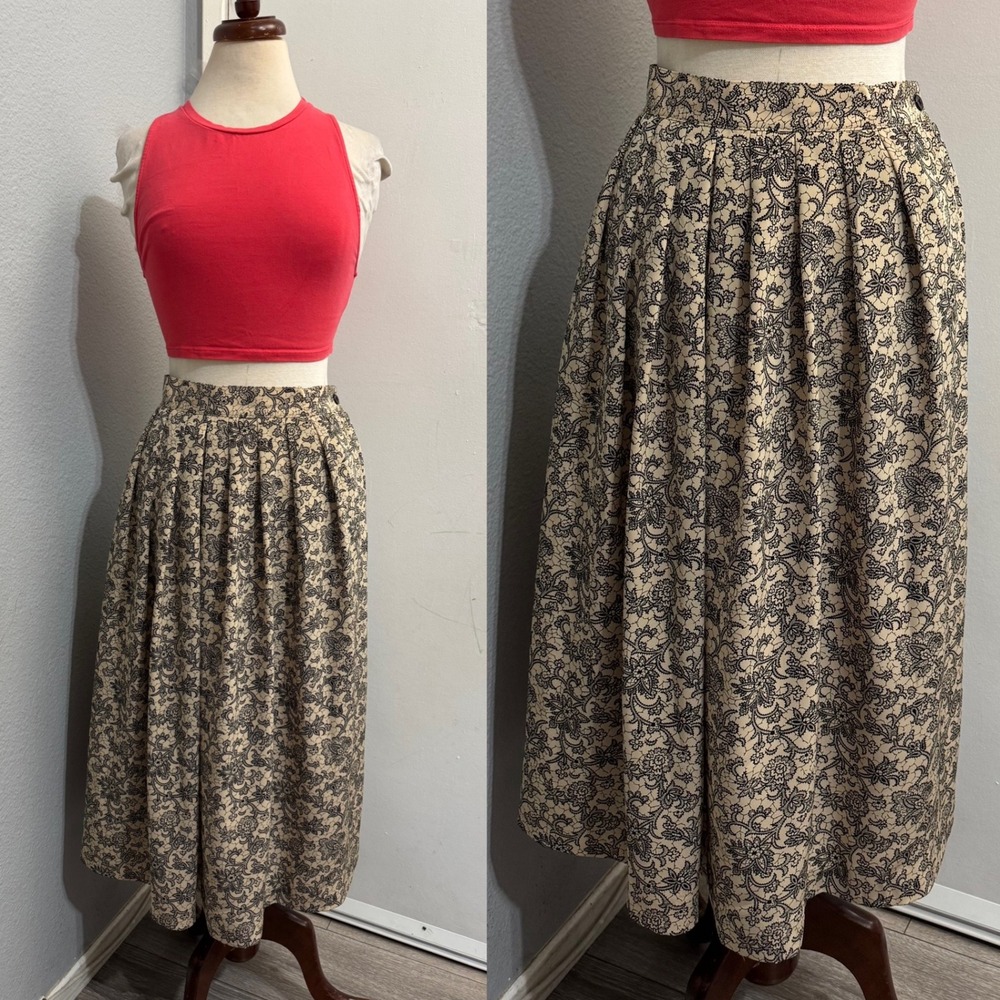 Vintage Size Appeal Midi Skirt L Tan Black Floral Lace Print Pleated Made in USA